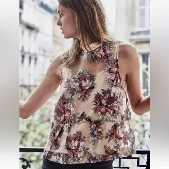 Moulinette Soeurs Anthropologie Terrace Blush Floral Sheer Peplum Top Cream Sz 2 - Picture 1 of 11